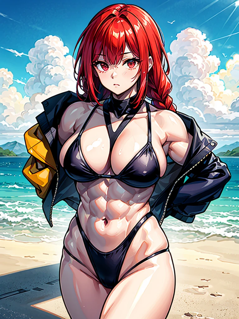 （（（masterpiece、Highest image quality、highest quality、highly detailed unity 8ｋwallpaper）））、（（Illustration of one girl））、（（（beautiful girl）））、（（red hair、Braid、sidelocks：1.2、red eyes））、（（（stocky build：1.2, thickset physique：1.3, muscular legs, broad shoulders：1.3, solid chest：1.2）））、swimsuit、sandy beach