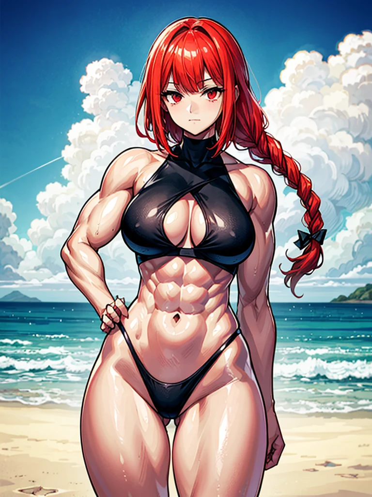 （（（masterpiece、Highest image quality、highest quality、highly detailed unity 8ｋwallpaper）））、（（Illustration of one girl））、（（（beautiful girl）））、（（red hair、Braid、sidelocks：1.2、red eyes））、（（（stocky build：1.2, thickset physique：1.3, muscular legs, broad shoulders：1.3, solid chest：1.2）））、swimsuit、sandy beach