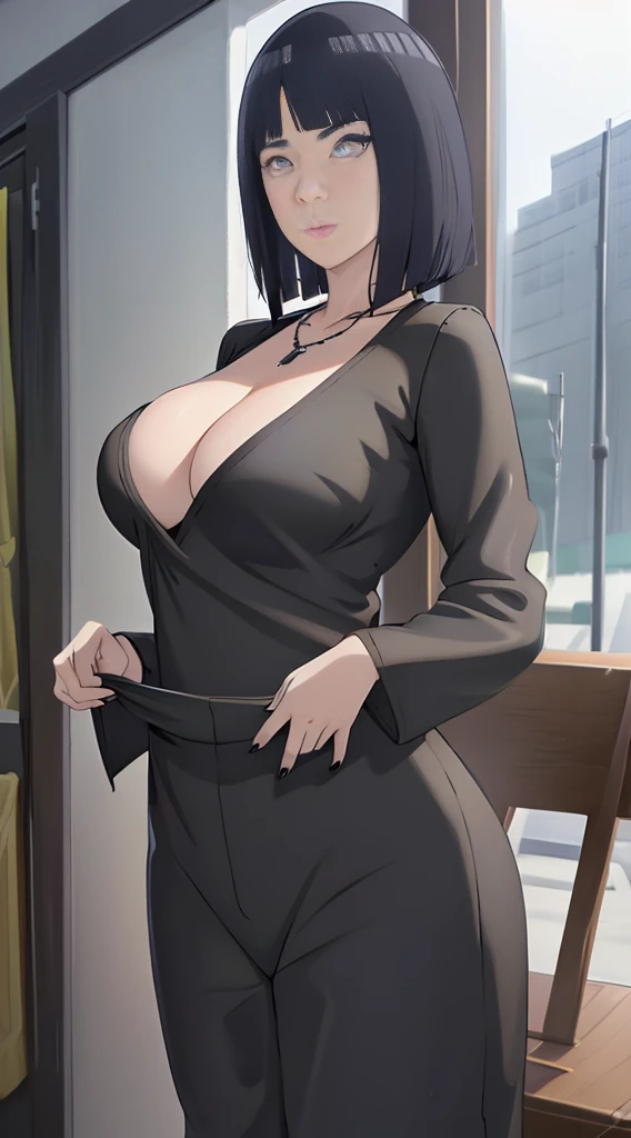professional artwork, Intricate Details, field of view, sharp focus, detailed painting, photorealistic lighting, trending on pixiv,(masterpiece:1.0),(best_quality:1.0), ultra high res, ultra-detailed, photography, 8K, HDR, highres, absurdres:1.2, Kodak portra 400, film grain, sharp focus, bokeh:1.2, lens flare, (vibrant_color:1.2), Marie Mamiya, mature female, milf, (solo:1.4), (curvy:1.1), black hair:1.05), hair ornament, (purple eyes:1.05), earrings, (seductive look, blush), bare shoulders, necklace, fingernails, (Large Breasts:1.15), Cleavage, big ass,((upper body, half body shot)), (black jumpsuit:1.4), (((looking at viewer:1.4)))