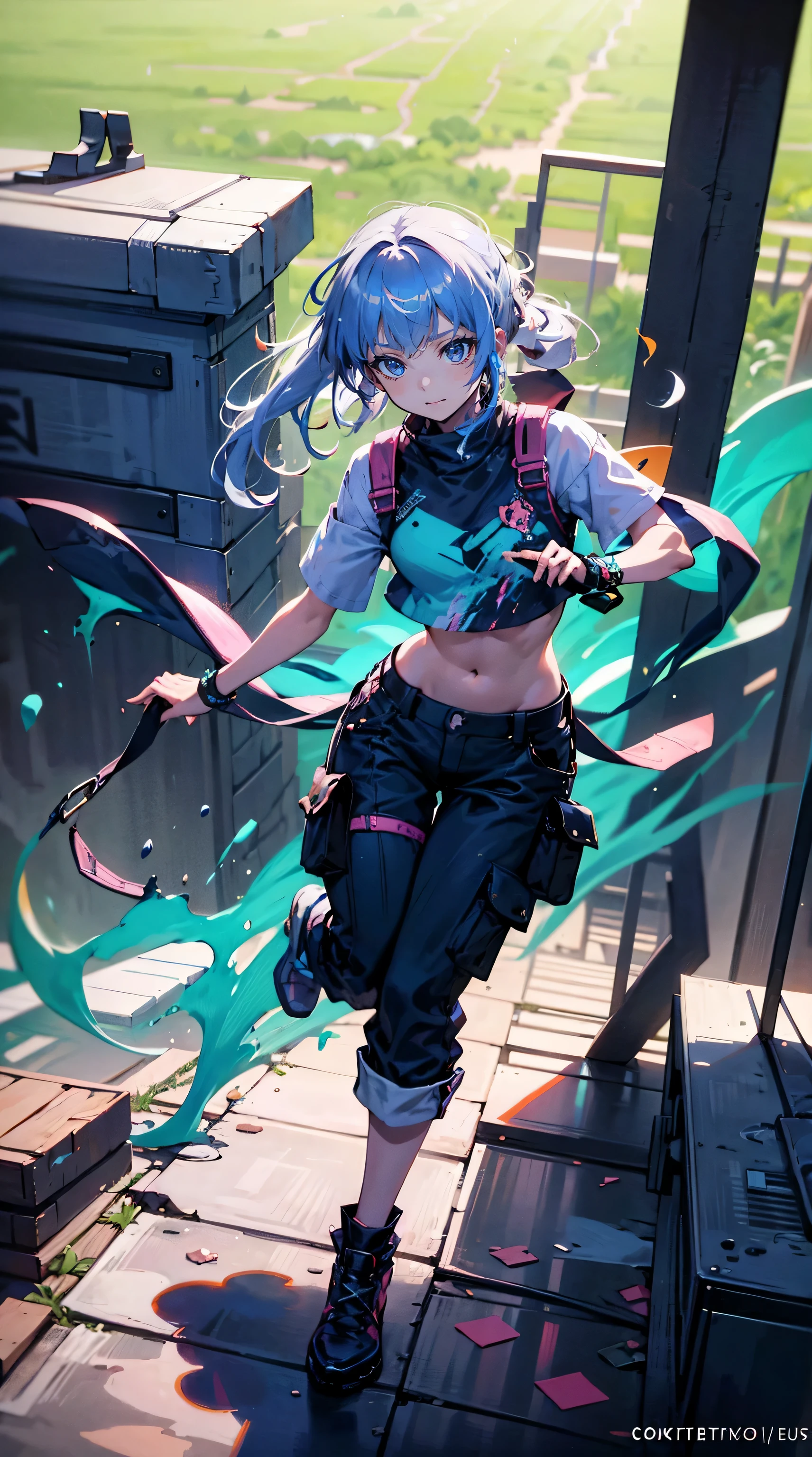 swpunk style synthwaveaward winning full body portrait of a woman in a croptop and cargo pants with guitar rocking out on a roof top with ombre navy blue teal hairstyle with head in motion and hair flying, paint splashes, splatter, outrun, vaporware, shaded flat illustration, digital art, trending on artstation, highly detailed, fine detail, intricate