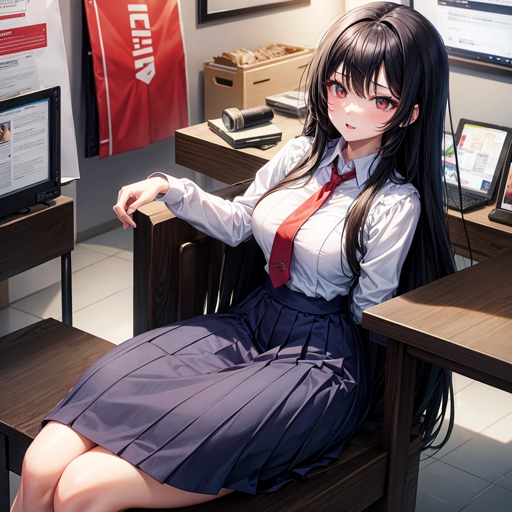 Anime girl with long black hair wearing a red tie and sitting on a chair, seductive anime girl, gapmoe yandere, anime moe art style, beautiful anime high school girl, real high school girl, naughty anime style, Smooth anime CG art, attractive anime girl, digital anime art!!, hyperreal high school girl