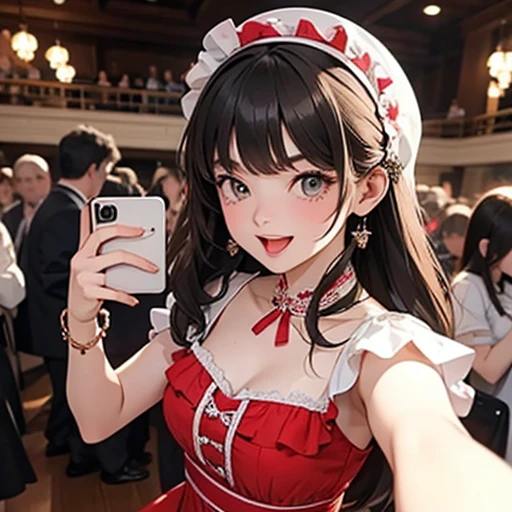 Beautiful girl takes a selfie, ruffle dress, crowd, :d, masterpiece, highest quality, very detailed