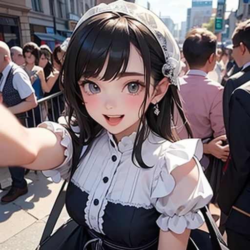 Beautiful girl takes a selfie, ruffle dress, crowd, :d, masterpiece, highest quality, very detailed