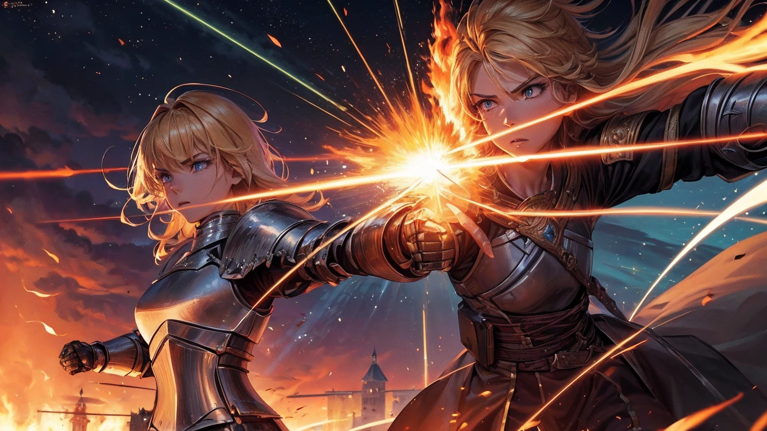 masterpiece,8k,best quality,ultra detailed,ultra highres,(((1 short haired Male paradin))), (((1 long haired Female knight))),(swinging a fire sword),(rage:0.6),(((upper body shot))),blonde hair, blue eye, straight hair,(fire:1.1),(Burning-Edge:1.4),(sunrise),(((castle))),(((courtyard))),(Shimmering Nightscapes),(Cosmic Whirl:1.0),(((Powerful pose))),(full lips:1.2),(Radiant Flares:1.2),(((war))),(((assault:1.3))),(((run:1.3))), (((speed line:1.4))), (((duel)))