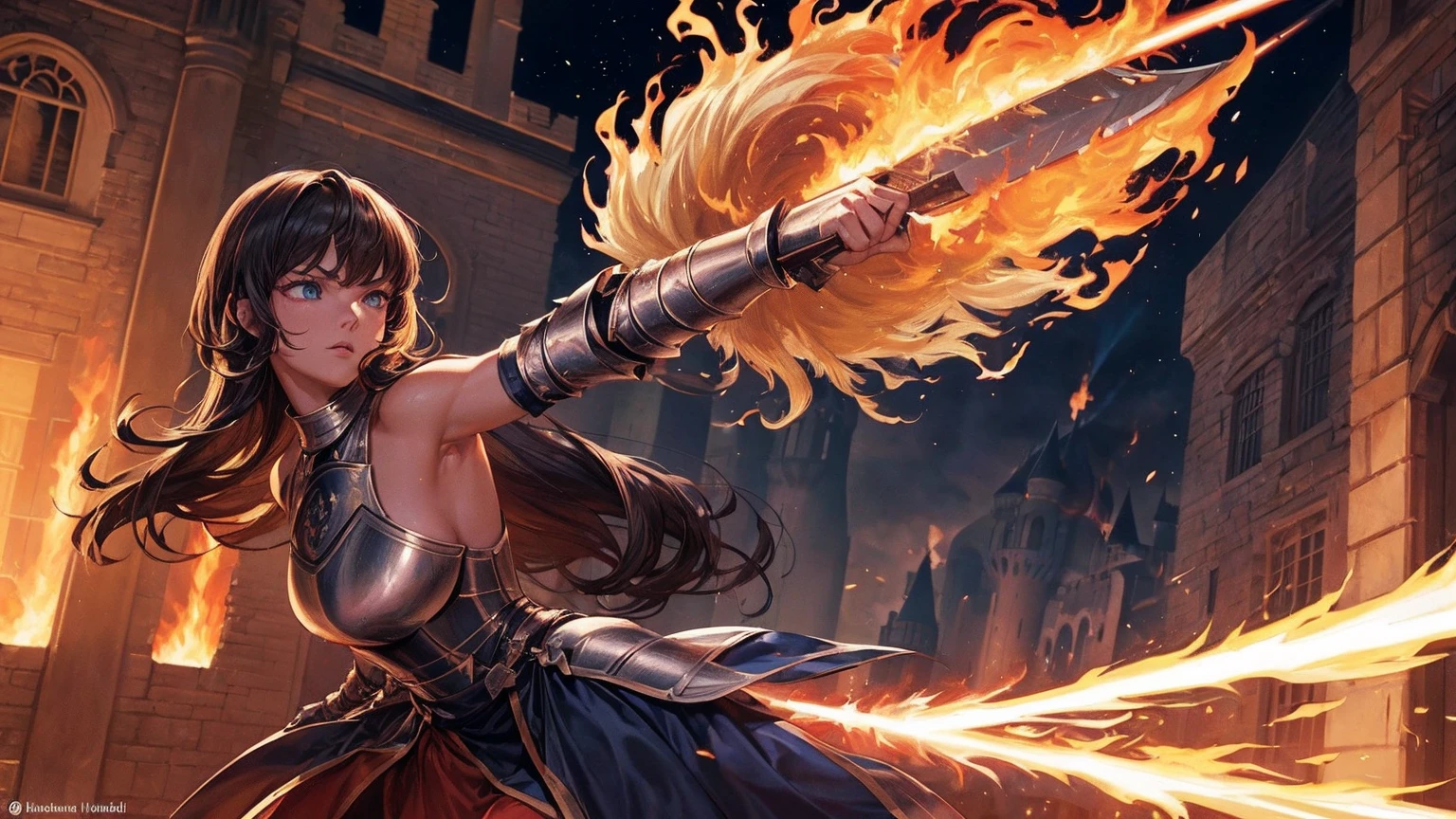 masterpiece,8k,best quality,ultra detailed,ultra highres,(((1 short haired Male paradin))), (((1 long haired Female knight))),(swinging a fire sword),(rage:0.6),(((upper body shot))),blonde hair, blue eye, straight hair,(fire:1.1),(Burning-Edge:1.4),(sunrise),(((castle))),(((courtyard))),(Shimmering Nightscapes),(Cosmic Whirl:1.0),(((Powerful pose))),(full lips:1.2),(Radiant Flares:1.2),(((war))),(((assault:1.3))),(((run:1.3))), (((speed line:1.4))), (((duel)))
