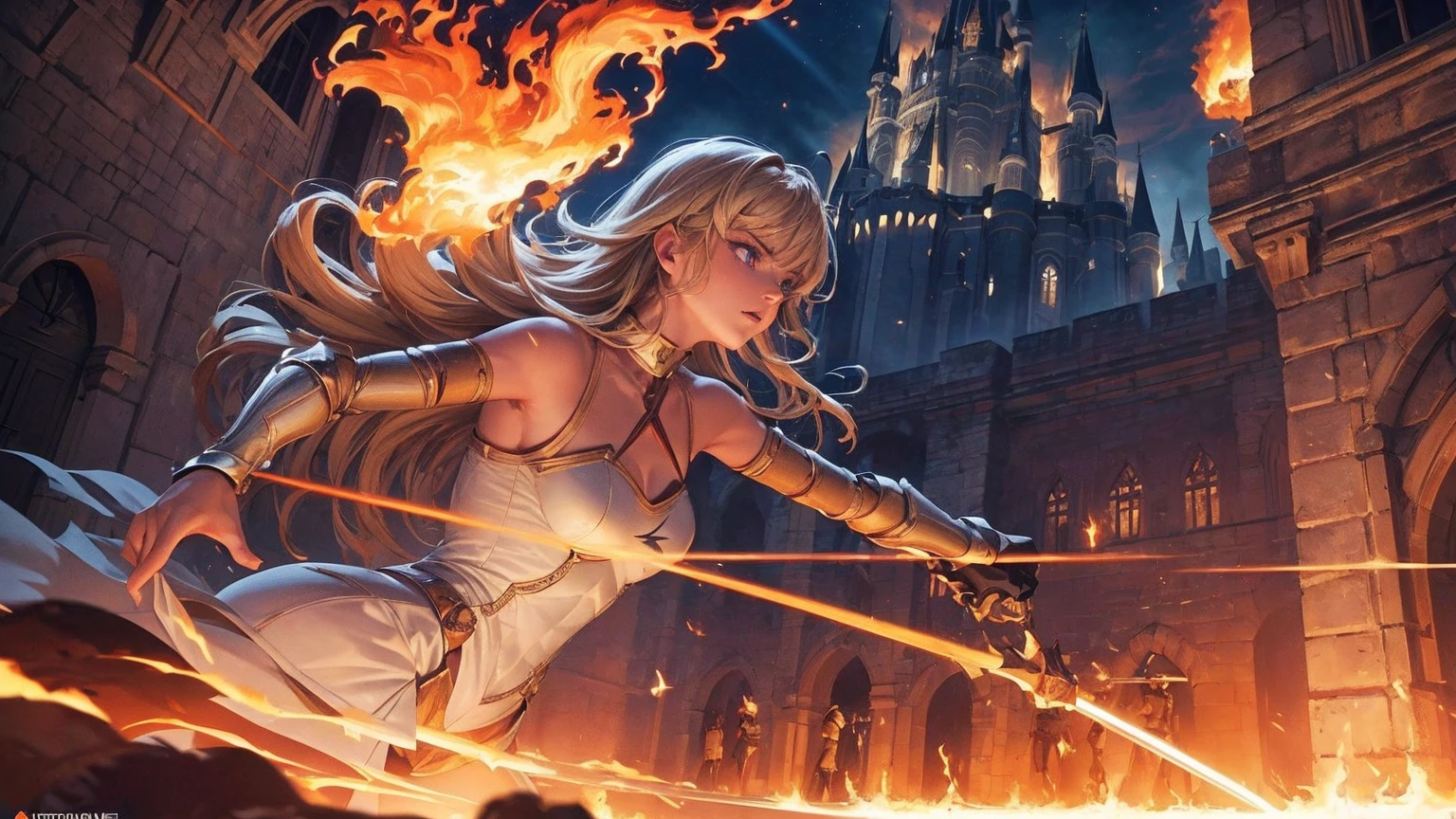 masterpiece,8k,best quality,ultra detailed,ultra highres,(((1 short haired Male paradin))), (((1 long haired Female knight))),(swinging a fire sword),(rage:0.6),(((upper body shot))),blonde hair, blue eye, straight hair,(fire:1.1),(Burning-Edge:1.4),(sunrise),(((castle))),(((courtyard))),(Shimmering Nightscapes),(Cosmic Whirl:1.0),(((Powerful pose))),(full lips:1.2),(Radiant Flares:1.2),(((war))),(((assault:1.3))),(((run:1.3))), (((speed line:1.4))), (((duel)))