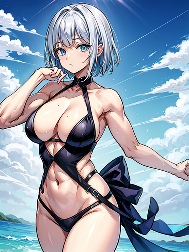 (((masterpiece、Highest image quality、highest quality、highly detailed unity 8kwallpaper)))、((Illustration of one girl))、(((beautiful girl)))、((white hair、short hair、crew cut:1.2、light blue eyes))、(((stocky build, thickset physique, muscular legs, broad shoulders, solid chest:1.3)))、swimsuit、sandy beach