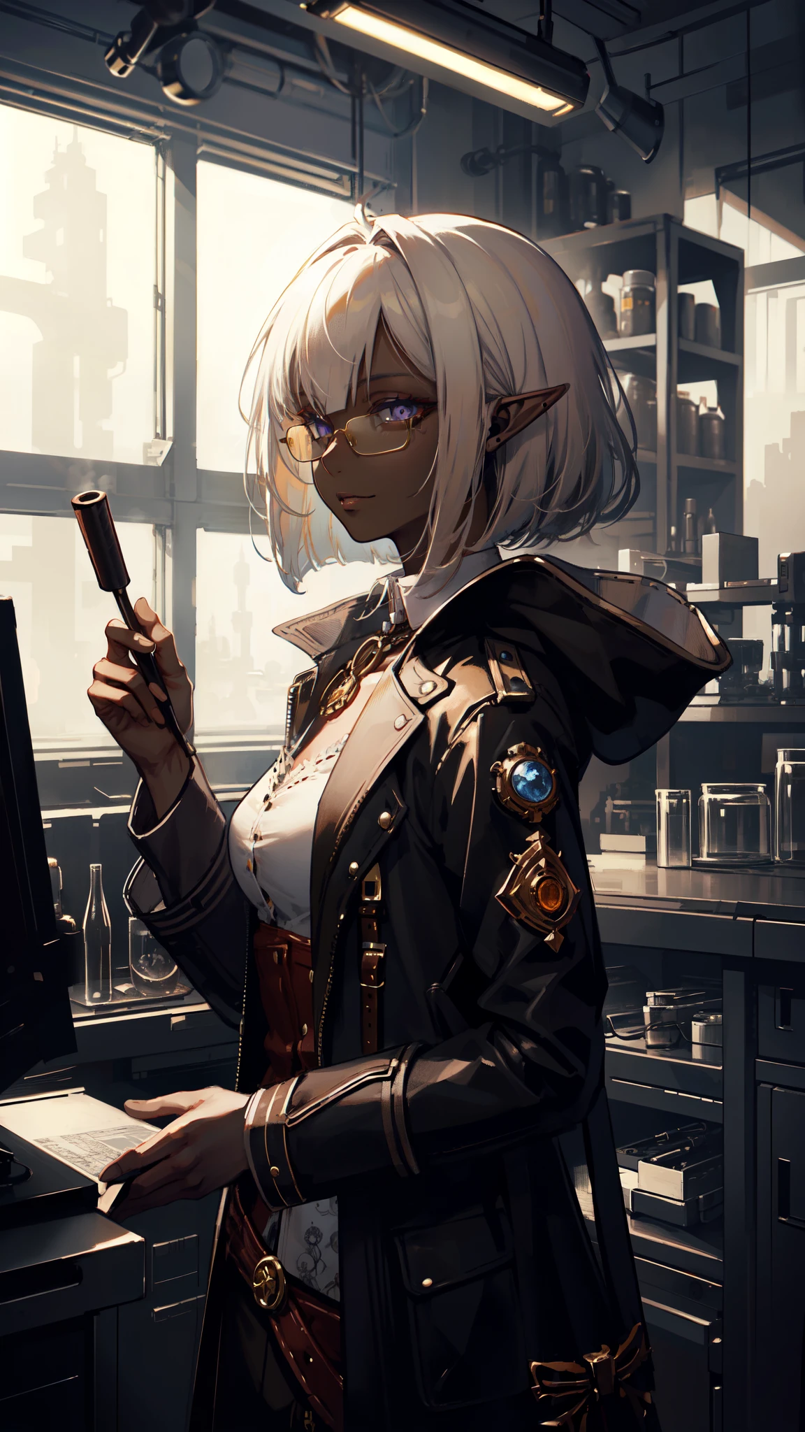 ((masterpiece )), (top quality), (best quality), ((ultra-detailed, 8k quality)), Aesthetics, Cinematic lighting, (detailed line art), Beautiful digital artwork, Exquisite digital illustration, absurdres, (best composition),
BREAK,
a female dark elf who is a scientist, (scientist clothes:1.2), (jacket lab, Coat:1.2), glasses, (steampunk style:1.1), (in a lab), (background of scientific laboratory, SteamPunkAI, CogPunkAI), cell shading, cinematic dramatic atmosphere, high quality cell shaded illustration in Fantasy steampunk style by Yoji Shinkawa, detailed and intricate environment, artstation, concept art, fluid and sharp focus, dynamic angle, by ((Mikimoto Haruhiko)),
BREAK,
highly detailed of (dark elf), (1girl), perfect face, details eye, Bob cut hair, Blunt bangs, (hair between eye), blonde white hair, violet eyes, eyelashes, eyeshadow, pink eyeshadow, smile, design art by Mikimoto Haruhiko, by Kawacy, By Yoshitaka Amano,
BREAK,
((perfect anatomy)), nice body, medium breast, (extremely detailed finger), best hands, perfect face, beautiful face, beautiful eyes, perfect eyes, (perfect fingers), correct anatomy, (Dark skin:1.2)