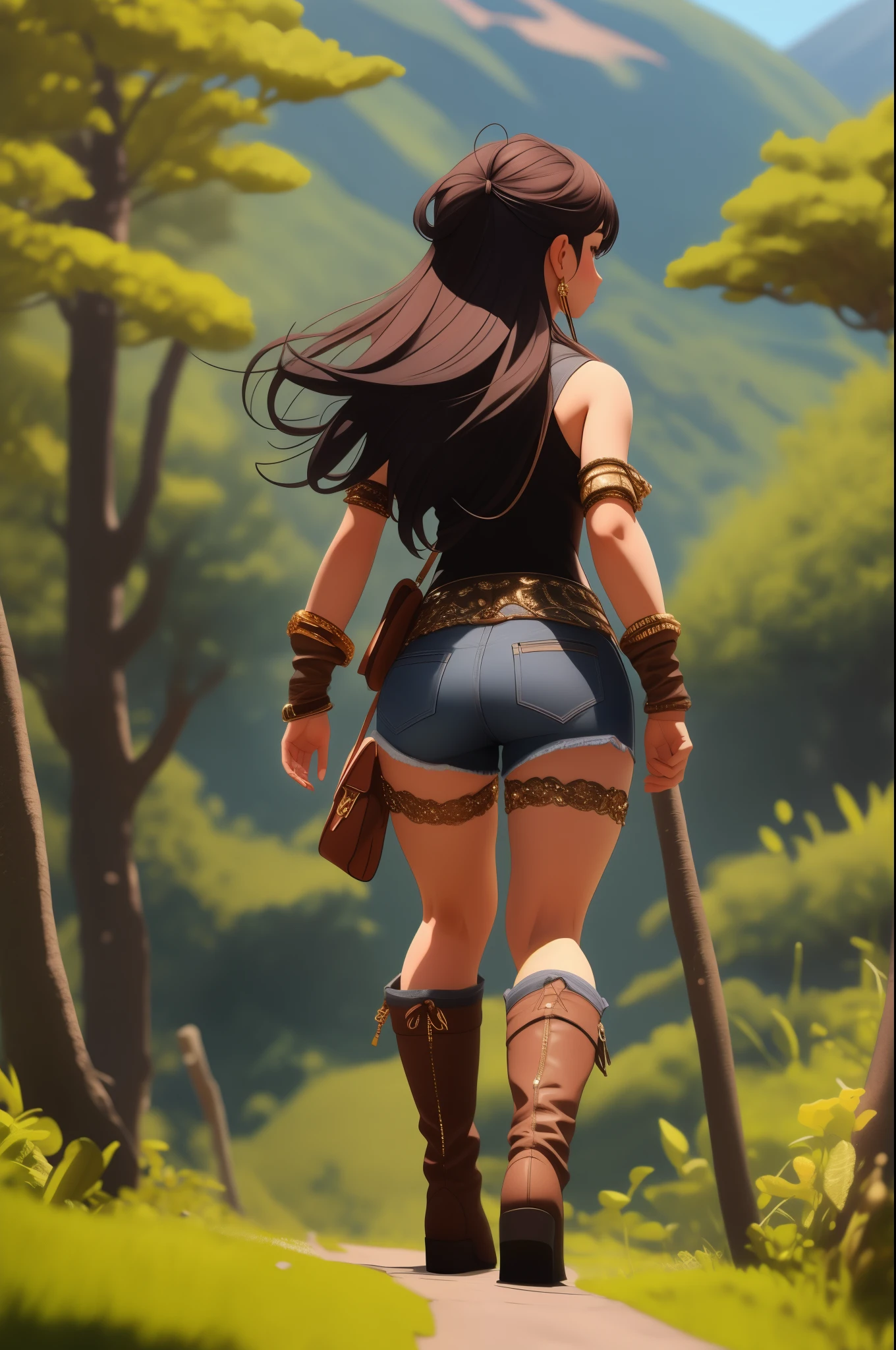 anime, detailed, depth of field, sunny, barbarian female, outdoor, walking, being careful, serious look, back view, hills and tree background