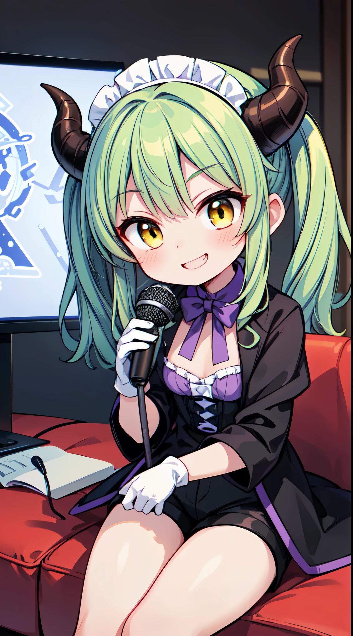 (masterpiece, top quality, best quality, official art, beautiful and aesthetic:1.2),ultra-detailed,intricate details,amazing illustration,award-winning art,atmospheric,
BREAK, 1 beautiful girl, (17 year old girl),alone,(cute:1.5),(Little:0.6),(cute:1.5),(change:0.5),break, :d, (twin tails, green hair, horn, long hair:1.35), (yellow eyes, double, slanted eyes:1.45), blush, double teeth, ((D cup breasts))), heart, sight, maid, /maid dragon/, dragon tail, (long eyelashes, double eyelids, thin eyebrows:1.2), alone, glowing skin, beautiful skin, beautiful skin, (highest quality face), (highest quality slanted eyes), maid outfit, gloves, open your mouth, short sleeve, smile, white gloves,(The best smile,smug face:1.45), BREAK,
BREAK (((black coat:1.4, young purple shirt:1.5, black shorts))), shiny hair,
BREAK
(singing, holding microphone:1.5), karaoke:1.3, ((monitor:1.3)), ((sitting sofa:1.3)), blush, clean line art, shiny hair, portrait, panorama shot, cinematic angle, BREAK,wakame,wakame,wakame,(Cowboy Shot:1.4),
BREAK,(Blurry background:1.3),(absurderes, hight resolution, Super Detail Art),cel shading,Clear Color, Lonely optical effect, Beautiful pictures, Bright glow, mystic atmosphere,(Close-up of girl:1.1), Mystical light particle effect,manga influence, clean line drawings,