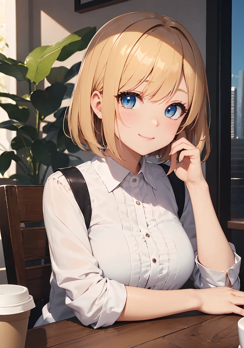 masterpiece, absurdres, best quality, ultra detailed, high Resolution, detailed illustration, extremely beautiful detailed face and eyes, bright colour, 1girl, (), cute face, Delicate beautiful face, magenta eyes, cute eyes, sparkling eyes, big eyes, medium breasts, (perky breasts:1.1), (pointy breasts:1.1), medium hips, glamorous body, white skin, Smile, BREAK, long bob cut, (blonde hair:0.8), messy hair, detailed hair, shiny hair, BREAK office casual, tiny ribbon, at cafe, looking out window, siting, coffee on the table, real world, natural lights, perfect lighting,