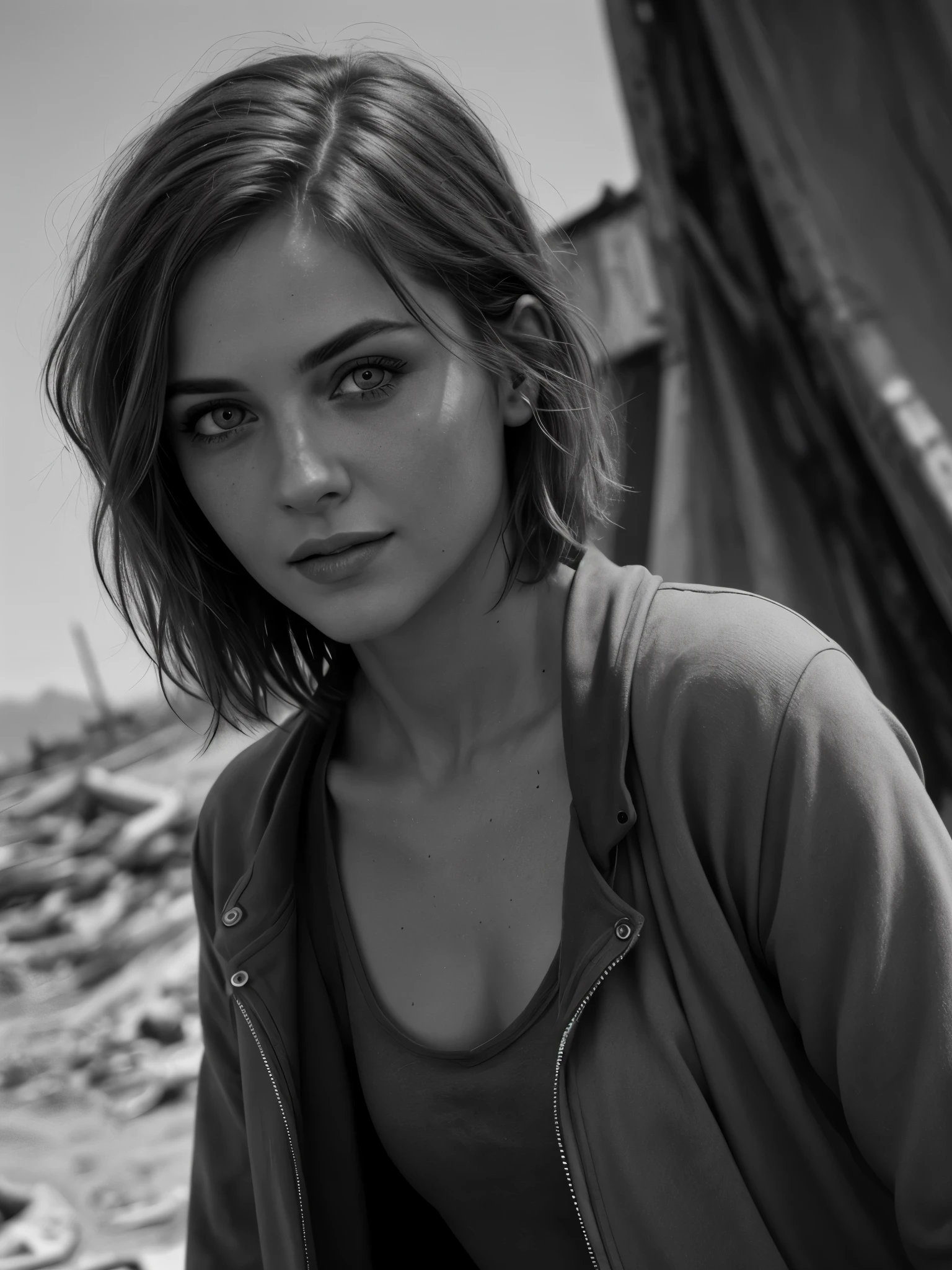 Photorealistic, masterpiece grayscale photo, woman with messy hair and poor minuscule postapocalyptic clothes, cute sexy, (detailed wastelands background), ultra sharp focus, detailed face, (((posing))), random hair color, short hair, beautiful eyes, full body, high quality black and white image