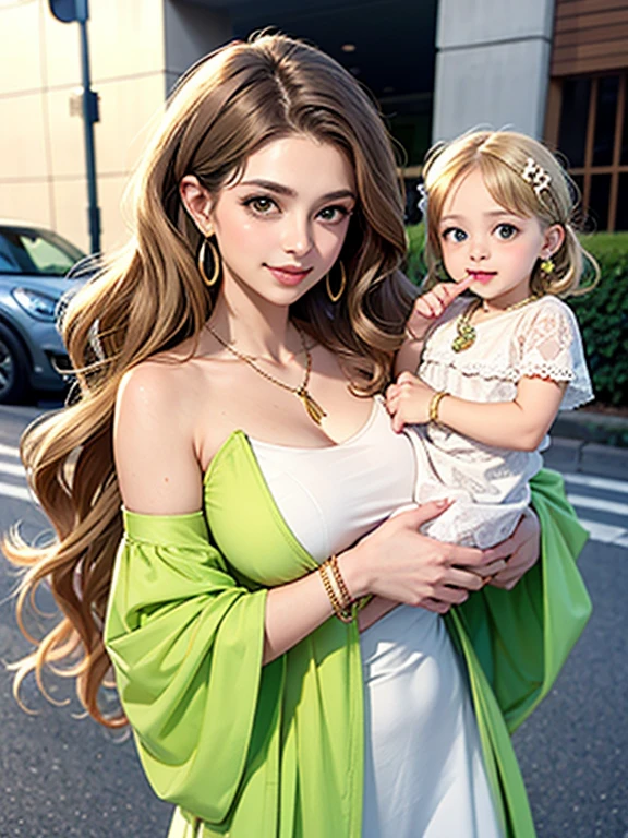 Woman ((20 years old) ), hair ((long, wavy, golden brown)), eyes ((green, smart eyes)), clothes ((lace, mini dress, very thin green)), accessories ((necklace, barrette hair, bracelet, earrings)), , big round breasts, oppai, seductive smile, street, seductive girl, holding a baby, holding a baby, baby,