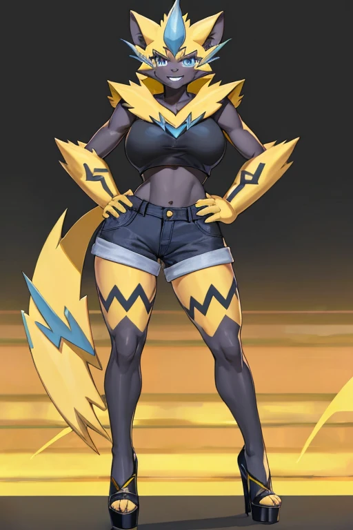 ((Zeraora)), anthropomorphic, big boobs, big ass, pokemorph, (((1girl))), (((white cropped top))), (black denim short shorts), cute and sexy, (black low heels), slender, yellow skin, long legs, smiling, (pink tinted glasses)