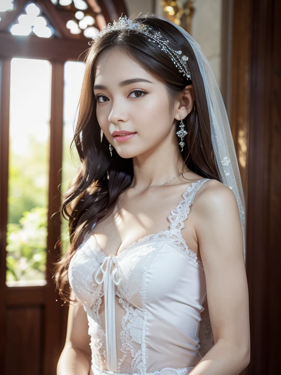 Masterpiece、highest quality、Woman 1、Small and perky breasts、Super detailed、Top view、Gravure idol、Black Hair、Straight Hair、Light bangs、Wedding dress、White Veil Lying on white sheets、Lie on your back、Gravure pose、Sexy Pose、White sheets background