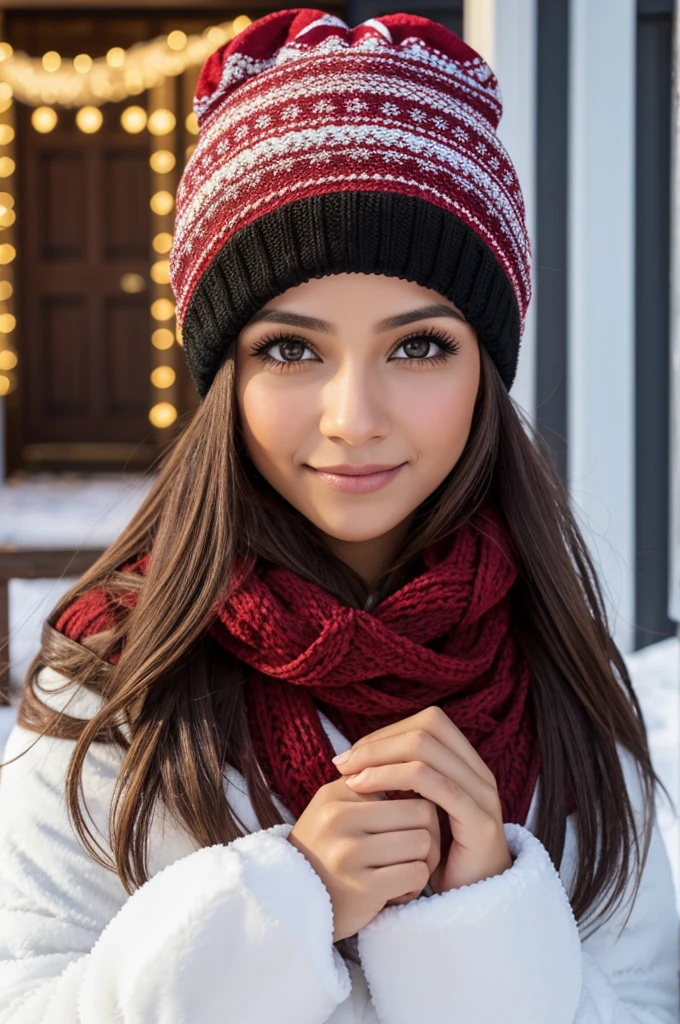 Garota pele clara, olhos castanhos, gorro, roupa de frio em um local gelado nevando