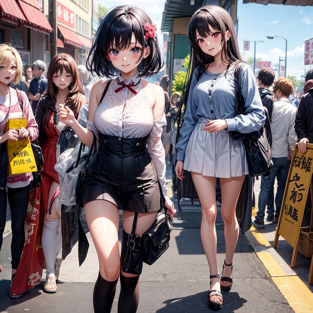 a woman, (drooping eyes, sleepy face), eccentric pose, small breasts, (clothes are in Christmas colors such as red and white and green, panties), skirt with green, open legs, (ecstasy), (outside, snowing), in the department store, main corridor,
