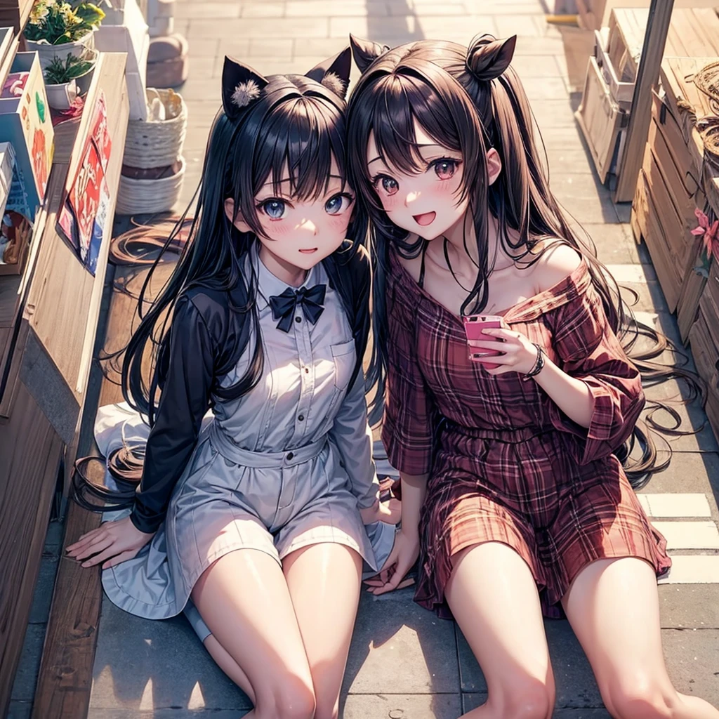 A li dressed in blue and white,Extremely shy and feminine posture ,Mouth open,The mouth seems to be longing,There are cat ears,nakeness,Cover private areas with your hands,Wear miniskirts and white stockings、stiletto