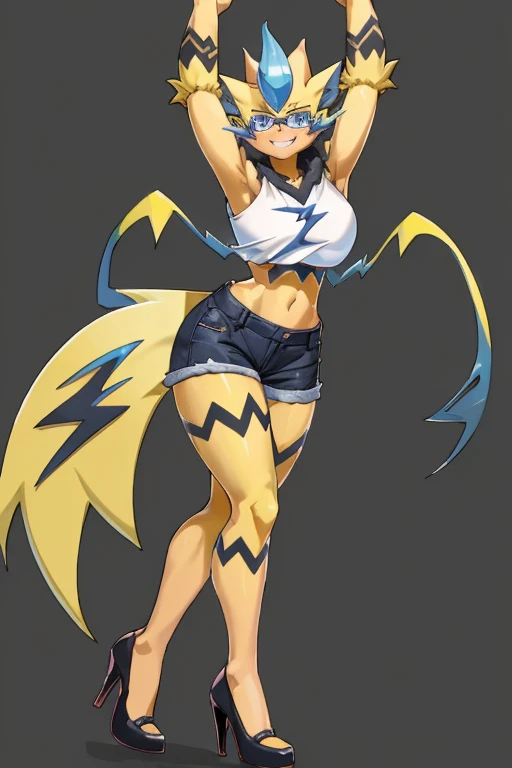 ((Zeraora)), anthropomorphic, big boobs, big ass, pokemorph, (((1girl))), (((white cropped top))), (black denim short shorts), cute and sexy, (black low heels), slender, yellow skin, long legs, smiling, (pink tinted glasses)