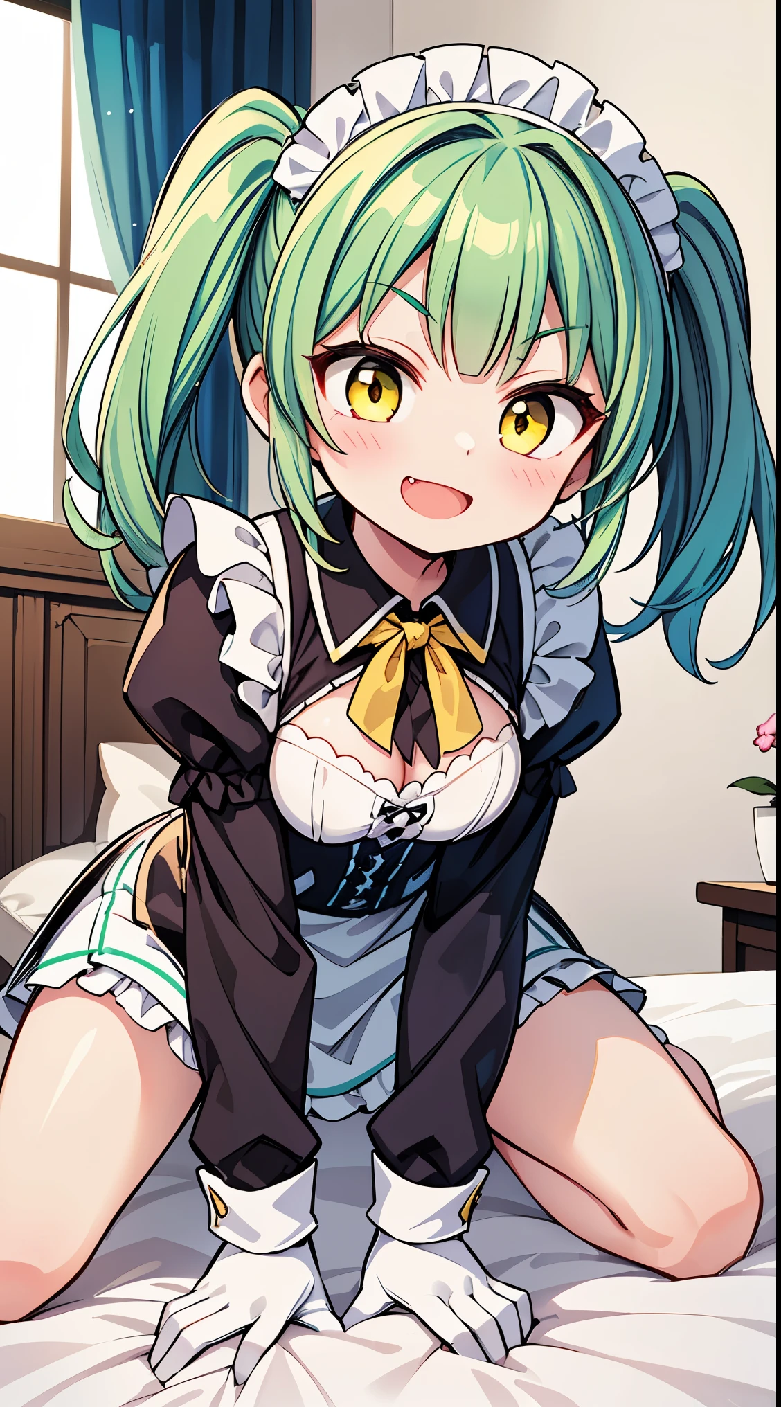 1 girl, cute, young, green hair, bob haircut, green eyes, maid, thigh high,  {{{{{{{{excessive cum}}}}}}}}, bukkake,