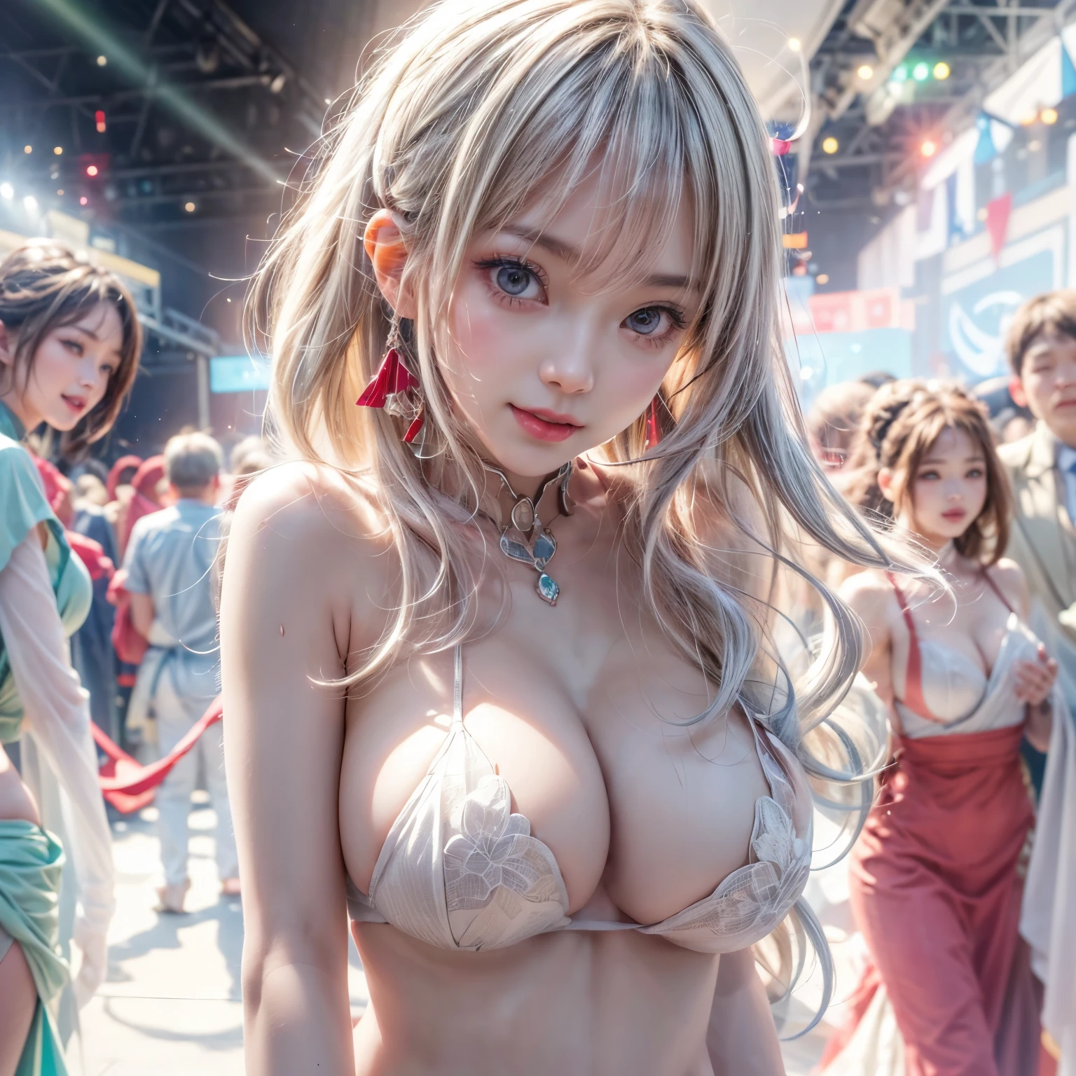 (NSFW:-0.9, nipple:-0.9, Acutance:0.85, White and Red, Mystic sight, (many Dazzling flush lights, lens flares, lens Ghost), Luminous Particles, many colorful Lights ) . (best quality, masterpiece:1.3, realistic, photorealistic, (analog photo:1.37), ultra detailed:1.3) . (Amazing KAWAII actress in Systemic), (Extremely detailed (KAWAII face variations)) with joyful expressions, oiled impeccable ivory skin, Biomechanical HUGE and HEAVY boob, pretty hips, (Exquisitely long dress with back cutouts), (Exposed backs, Overflowing sideboob), (award ceremony, Walking on stage, large crowd:1.4) . (((Ass focus, butt crack)))