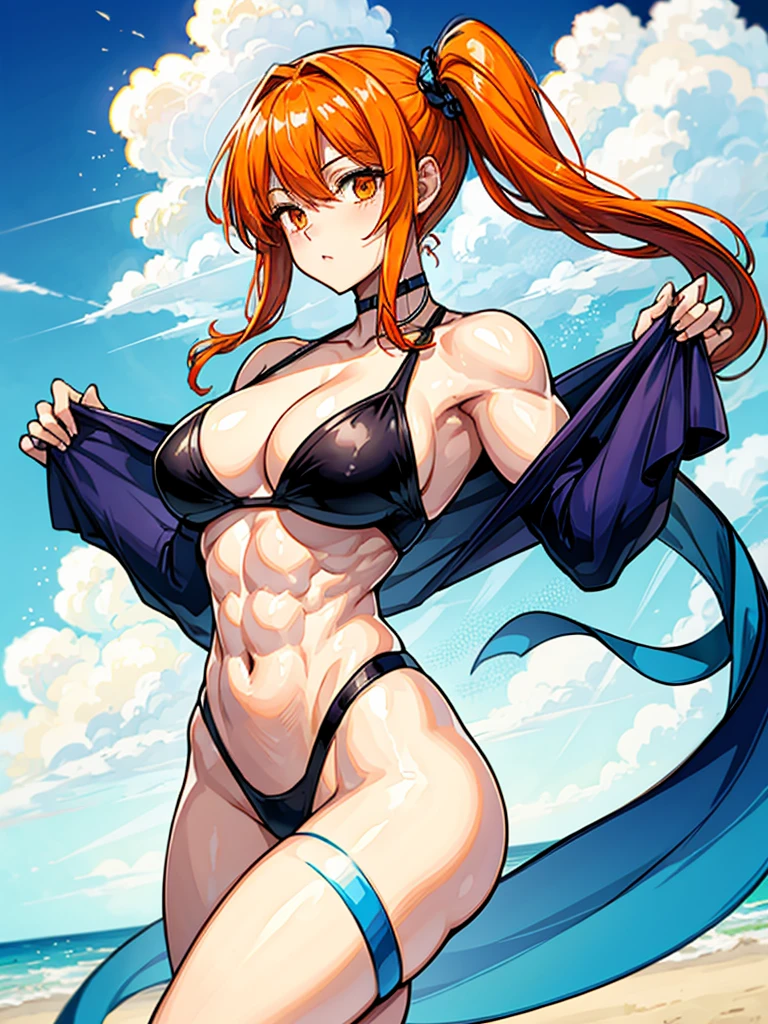 (((masterpiece、Highest image quality、highest quality、highly detailed unity 8kwallpaper)))、((Illustration of one girl))、(((beautiful girl)))、((orange hair、side ponytail、sidelocks:1.3、orange eyes))、(((stocky build:1.2, thickset physique:1.3, muscular legs, broad shoulders:1.3, solid chest:1.2)))、swimsuit、sandy beach