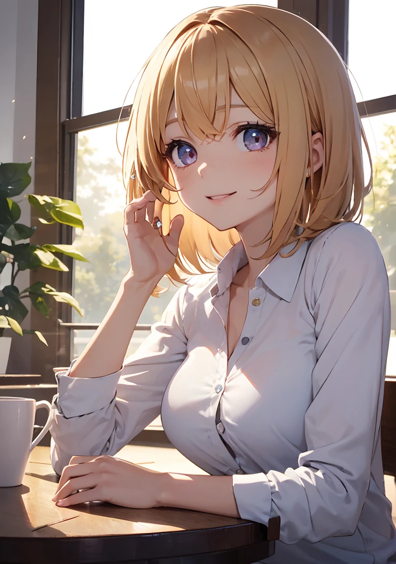masterpiece, absurdres, best quality, ultra detailed, high Resolution, detailed illustration, extremely beautiful detailed face and eyes, bright colour, 1girl, (), cute face, Delicate beautiful face, magenta eyes, cute eyes, sparkling eyes, big eyes, medium breasts, (perky breasts:1.1), (pointy breasts:1.1), medium hips, glamorous body, white skin, Smile, BREAK, long bob cut, (blonde hair:0.8), messy hair, detailed hair, shiny hair, BREAK office casual, tiny ribbon, at cafe, looking out window, siting, coffee on the table, real world, natural lights, perfect lighting,