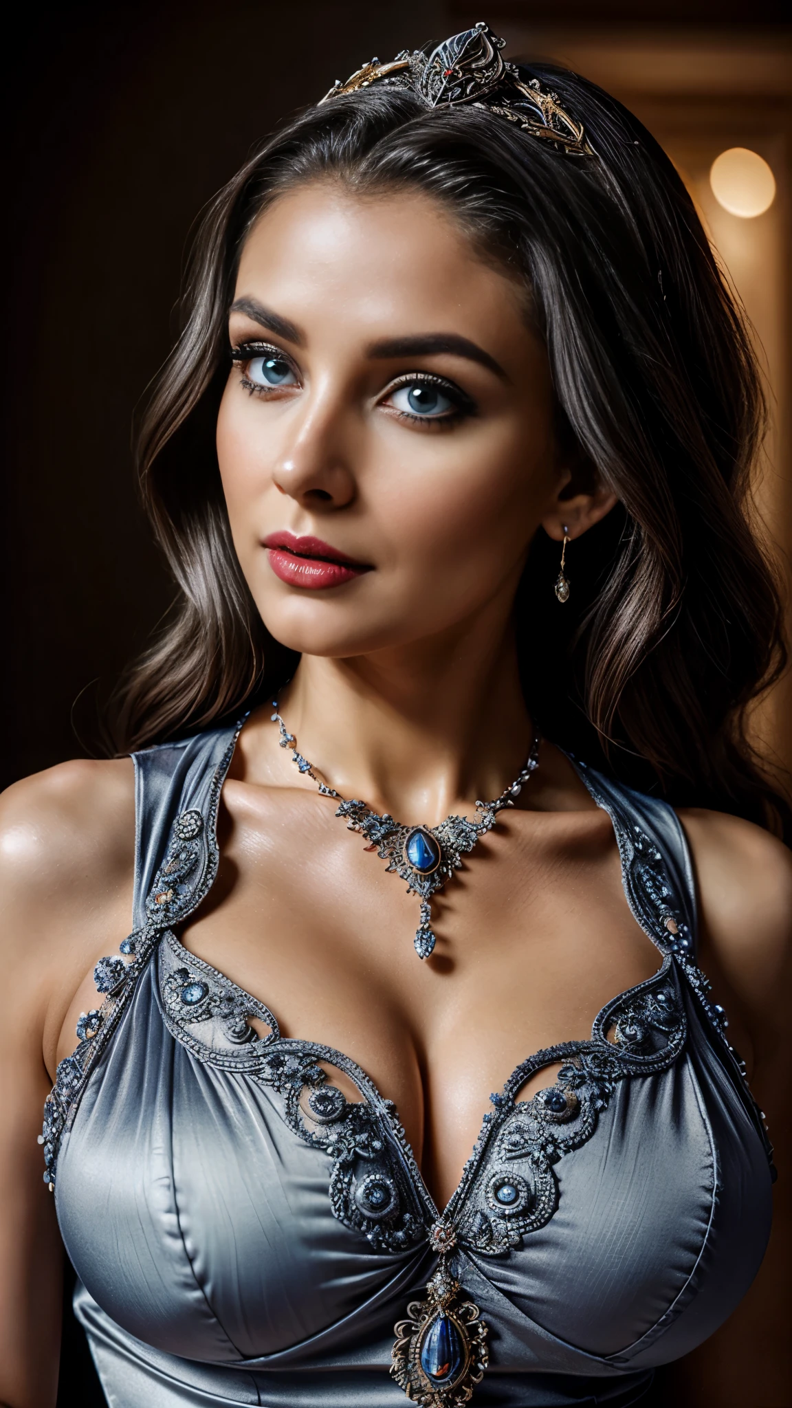 UHD, masterpiece, anatomically correct, Super detailed, surrealism, gray hair, beautiful female model, smooth skin, (Victorian style maxi dress with intricate embellishments), necklace, ring accessories, head piece, wavy hair, perfect face, beautiful face, charm, big and gorgeous eyes, blue eyes, red lips, dark makeup, glamorous body, (big ass), (wide hips), movie light effects