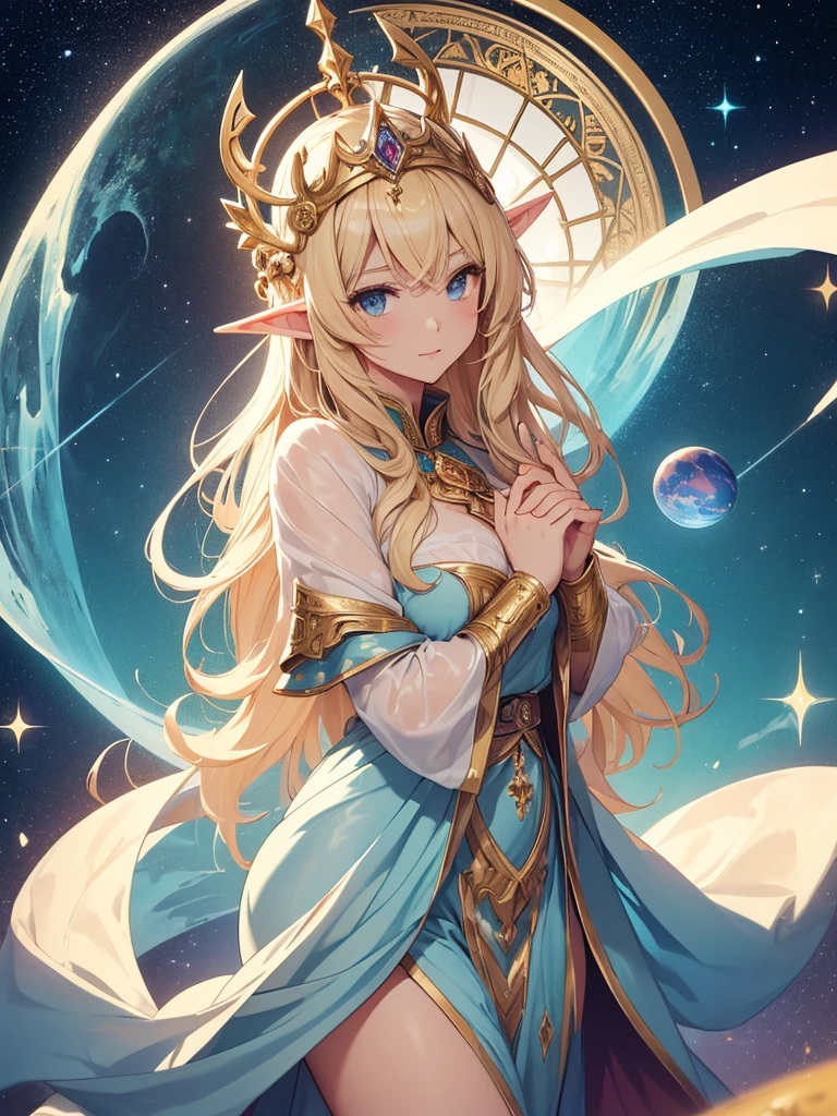 highest quality、Highest image quality、masterpiece、Super beautiful elf beauty from behind((22 years old OL big bust、bust 90,beautiful long ironed hair、blonde、globe、、slender、Close-up、Esbian、beautiful tiara、High quality、beautiful art、background((starry ski)))muste piece、visual art、Depth of bounds written、low angle of morning sky、、elf ears、、magic of light、space knight、harp melody🎵、A happy smile、gentle light、、Beautiful legs that are gentle on the skin、、、Number of fingers to achieve precise finger movements、ticker beautiful decorative、elegant、mystical　rosa、　heaven、marble columns, beautiful dressy、magnificent marble dome、giant galaxy、religious painting、embrace the earth、temple of time、great watch、hourglass、sundial、moment of creation！myth、alphonse mucha art、art nouveau、ancient greece、Rome、byzantine art、gold foil、Raphael&#39;s paintings、renaissance art、Lord of the Ring