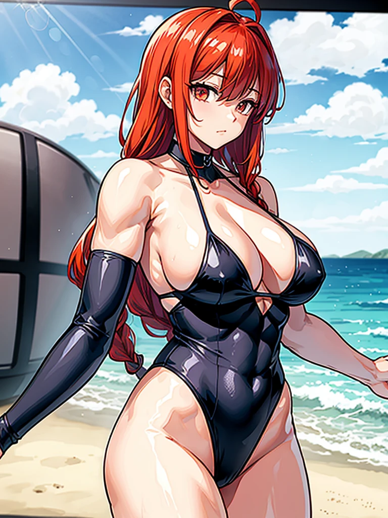 （（（masterpiece、Highest image quality、highest quality、highly detailed unity 8ｋwallpaper）））、（（Illustration of one girl））、（（（beautiful girl）））、（（red hair、Braid、sidelocks：1.2、red eyes））、（（（stocky build：1.2, thickset physique：1.3, muscular legs, broad shoulders：1.3, solid chest：1.2）））、swimsuit、sandy beach