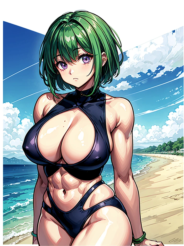 (((masterpiece、Highest image quality、highest quality、highly detailed unity 8kwallpaper)))、((Illustration of one girl))、(((beautiful girl)))、((green hair、pixie cut:1.3、sidelocks、purple eyes))、(stocky build, thickset physique, muscular legs, broad shoulders:1.2, solid chest:1.3)、swimsuit、sandy beach