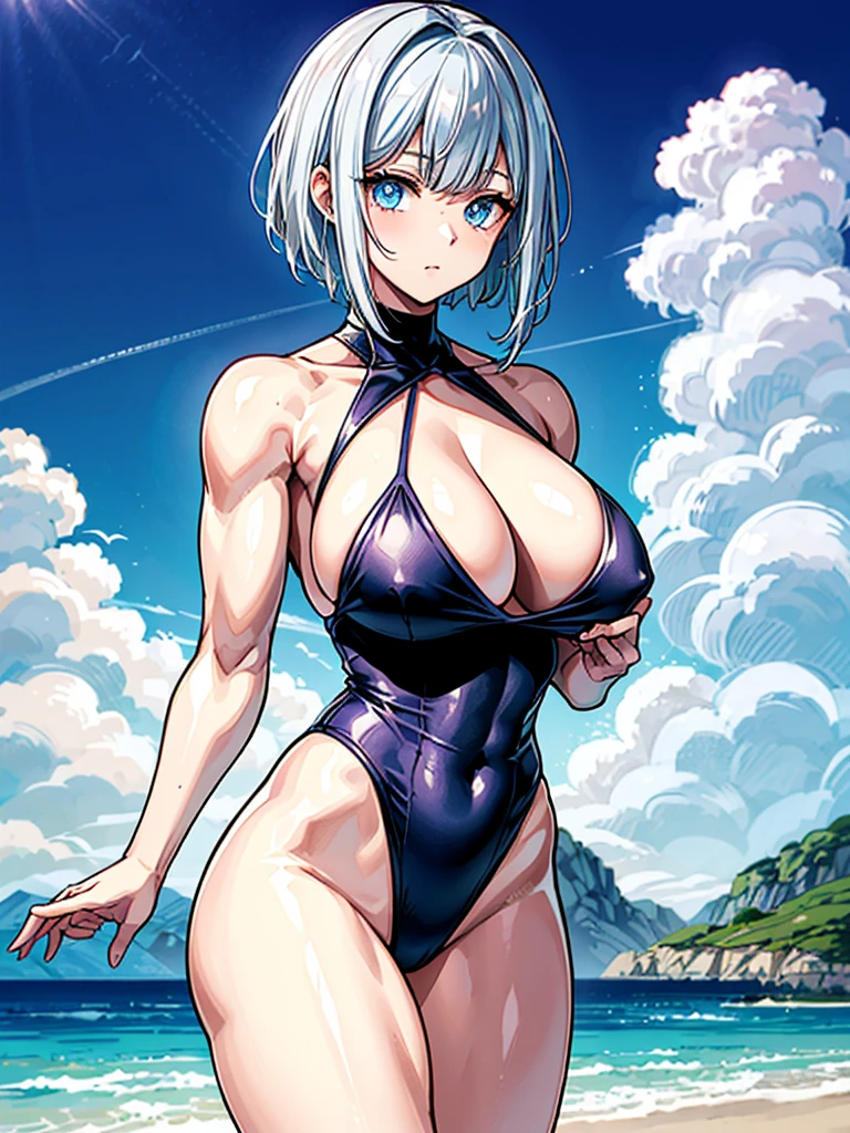 （（（masterpiece、Highest image quality、highest quality、highly detailed unity 8ｋwallpaper）））、（（Illustration of one girl））、（（（beautiful girl）））、（（white hair、short hair、crew cut：1.2、light blue eyes））、（（（stocky build, thickset physique, muscular legs, broad shoulders, solid chest：1.3）））、swimsuit、sandy beach