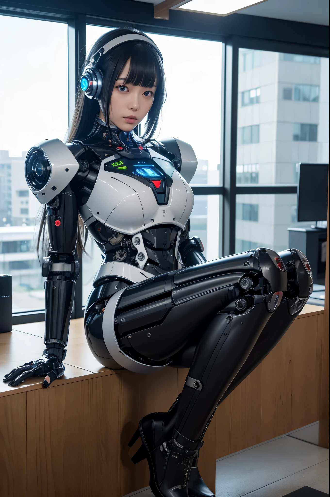 (photorealistic:1.4), (RAW photo),masterpiece, best quality, extremely detailed, (photorealistic:1.4), (RAW photo) (RAW photo) (8K, 4K, Best Quality, hight resolution, 超A high resolution:1.1), (masutepiece, Realistic, Photorealsitic:1.1), 1girl in, Japaese Cyborg girl,Plump , control panels,android,Droid,Mechanical Hand, Robot arms and legs, Black Robot Parts,Black hair,Mechanical body,Blunt bangs,White robotics parts,perfect robot girl,future information counter,reception,long tube,thick cable connected her neck,ceramic body ,mechanical body, ear antenna,mechanical ear cover, loose boots,mechanical costume,android,robot,humanoid,cyborg,information office,japanese android receptionist ,mechanical chest,full eyes,dark black tights,perfect cyborg girl