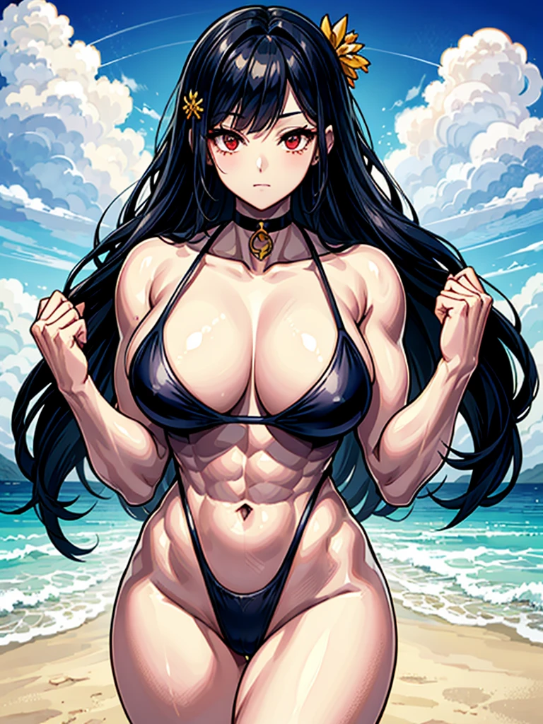 (((masterpiece、Highest image quality、highest quality、highly detailed unity 8kwallpaper)))、((Illustration of one girl))、(((beautiful girl)))、((black hair:1.3、straight hair、Very Longhair、golden hair ornament、red eyes))、(tall:1.3、stocky build:1.3, thickset physique, muscular legs, broad shoulders, solid chest)、swimsuit、sandy beach