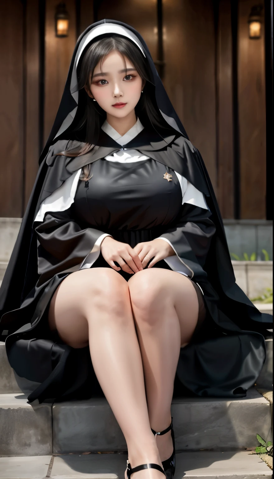 woman in black dress sitting on steps with white shoes, woman in black robes, wearing a black robe, wearing black robe, wearing dark robe, wearing a hijab, wearing black clothes and cape, wearing black robes, large thighs, nun fashion model, she is wearing a black dress, plus size woman, wearing dark robes, wearing black clothes, wearing a black cloak