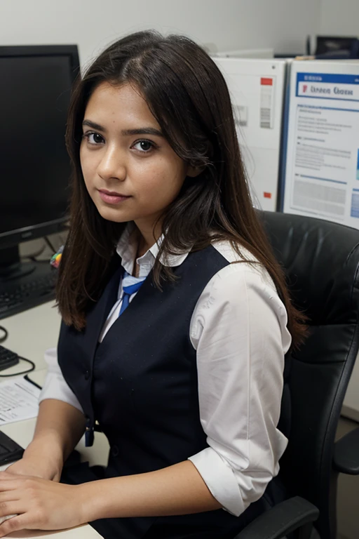 portrait view only. there is an office of news channel. there a many employees working in it but there is a girl in full office formal clothes working in a pc
