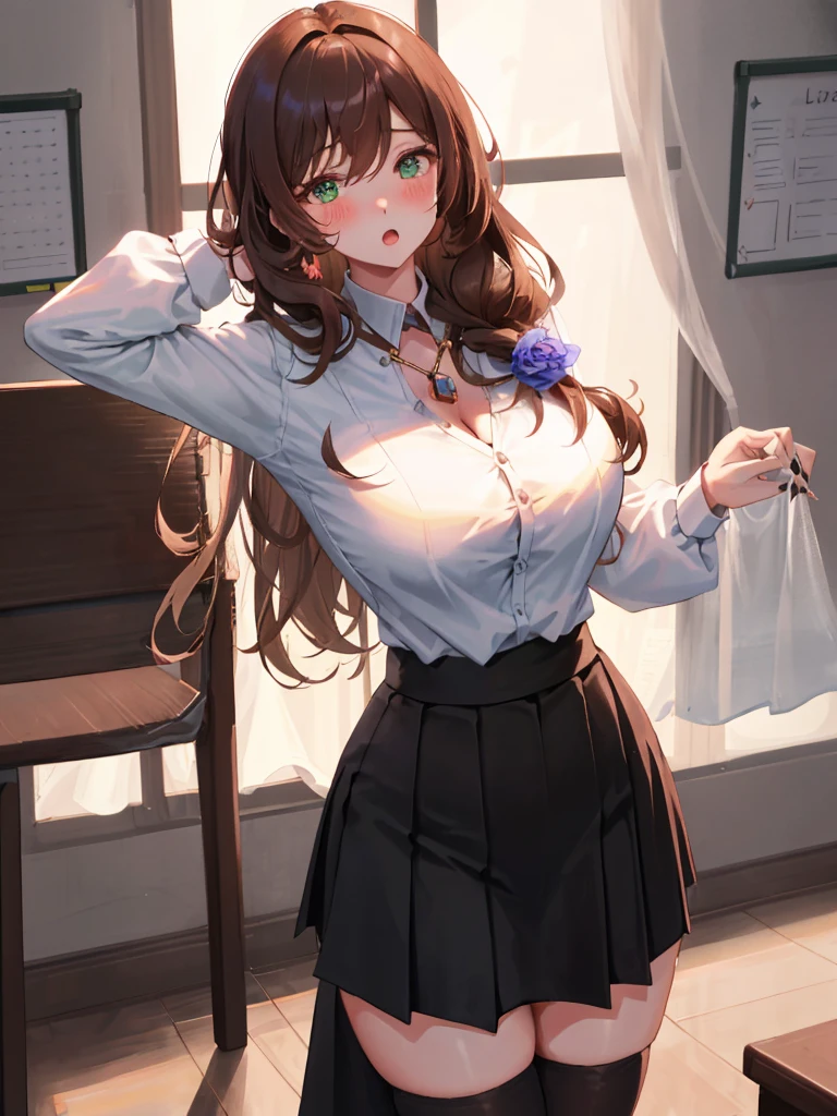 Lisa, genshin impact, ((blush:1.2)), 1 girl, alone, ((white shirt)), black Thighhighs, huge breasts, cleavage, uniform, office background, black skirt, pleated skirt, office, hair between eyes, messy hair, large chest, long hair, looking at the viewer, brown hair, red short nails, green eyes, alone, Thighhighs, thighs, very long hair, ((masterpiece)), classroom, Chair, board, class board, Teaching, I can see through my clothes, open your mouth a little, Curvaceous, cowboy shot, adult woman, Are standing, Put your hands behind your head,