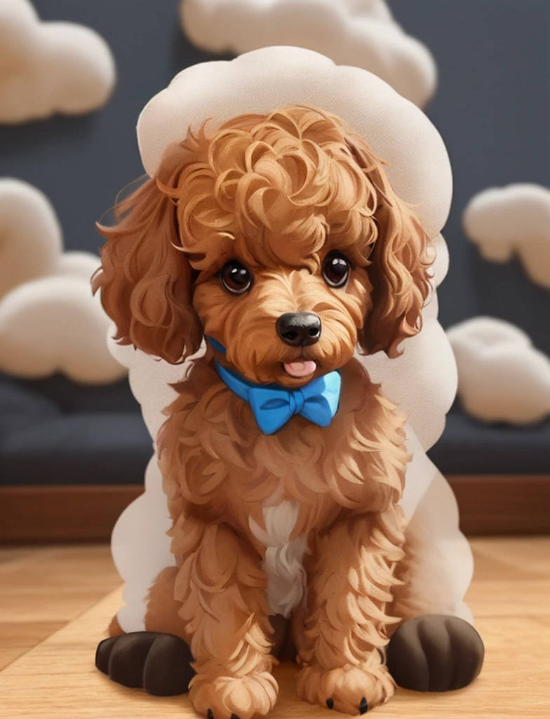 Small poodle with many poses and expressions., Digital stickers with cartoon designs, 1  boy, brown all over, Dog with a blue bow and little fur, clay, OC rendering, 3D