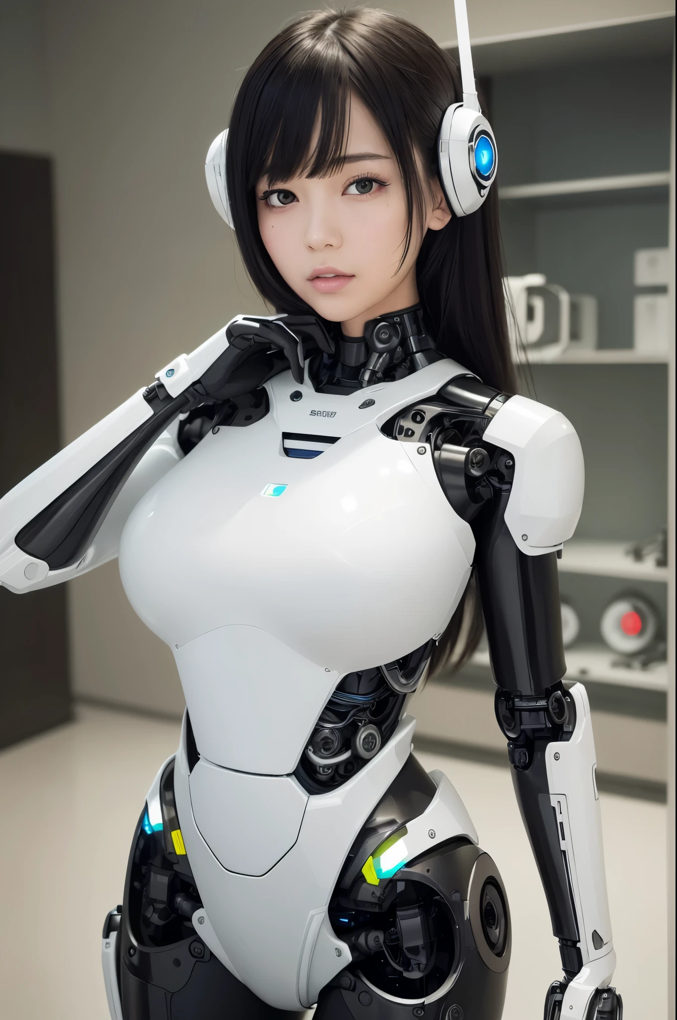 masterpiece, best quality, extremely detailed, (photorealistic:1.4), (RAW photo) (RAW photo) (8K, 4K, Best Quality, hight resolution, 超A high resolution:1.1), (masutepiece, Realistic, Photorealsitic:1.1), 1girl in, Japaese Cyborg girl,Plump , control panels,android,Droid,Mechanical Hand, Robot arms and legs, Black Robot Parts,Black hair,Mechanical body,Blunt bangs,White robotics parts,perfect robot girl,future laboratory,cyber pank,charging spot,laboratory,long tube,thick cable connected her neck,ceramic body ,mechanical body, ear antenna,mechanical ear cover, black leggings,mechanical costume,android,robot,humanoid,cyborg,japanese ager android ,mechanical chest,perfect cyborg girl