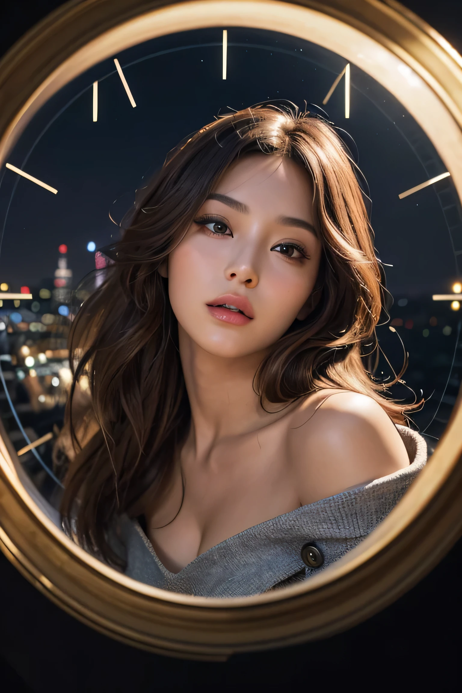 (masterpiece:1.2), Super detailed, ultra high resolution, (realistic, photo realistic:1.37), High-definition RAW color photos, professional photos, highly detailed face, very fine eyes, highly detailed skin, very fine fingers, highly detailed nose, highly detailed mouth, perfect anatomy, highly detailed background, (famous japanese actress:1.2), (Improve:1.35), (flat chest:1.3), brown race, black skin, fantasy, (panorama), (Huge circular flowing round glitter clock background), through the universe,(Transparent hollow round lame clock with a huge circular flow at the top), Perfect circular lamé clock, (circular surround floating cityscape landscape), space background, starry sky, Milky Way, cowboy shot,