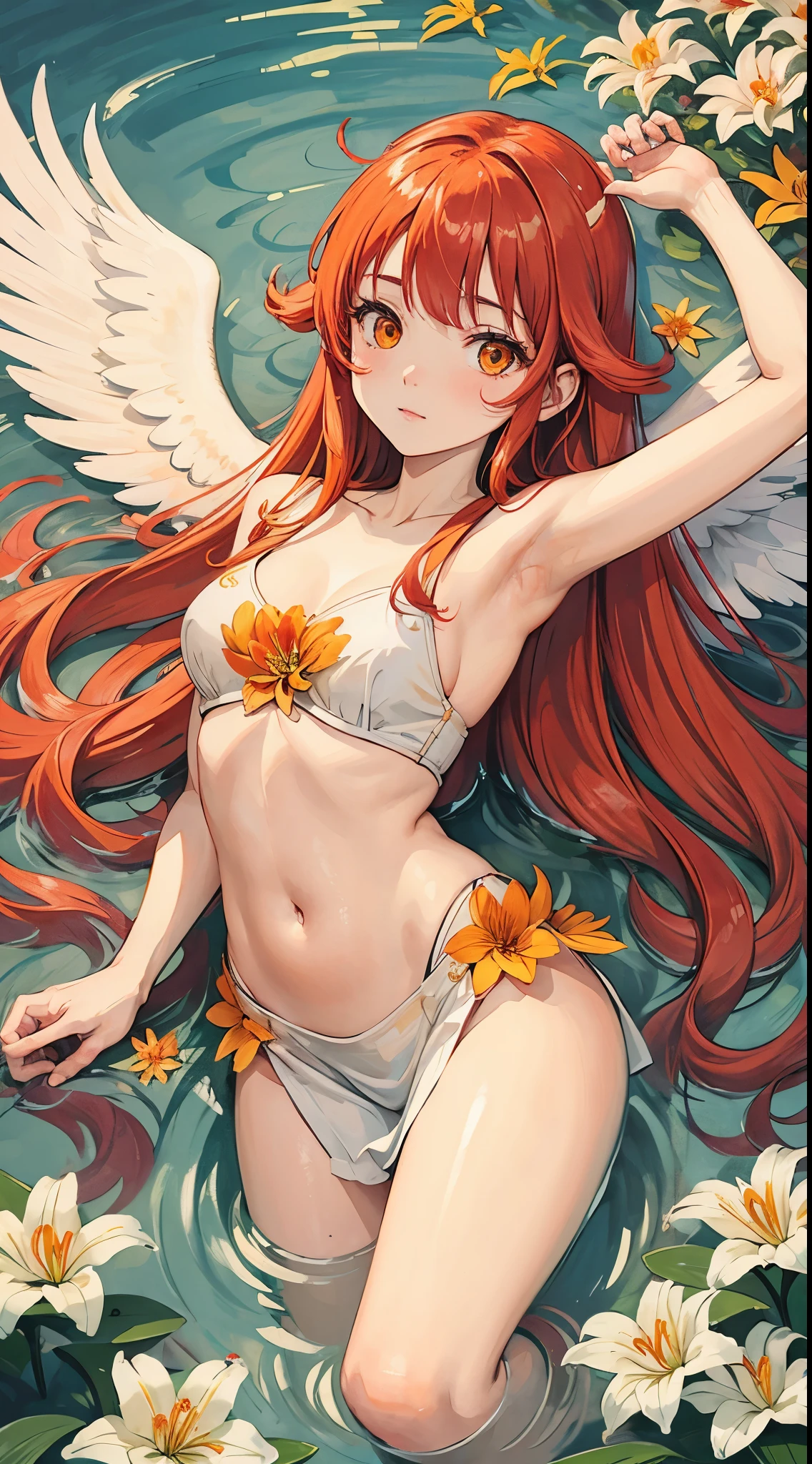 girl underwater, long red flowing hair, angel wings, orange yellow and white lily flowers