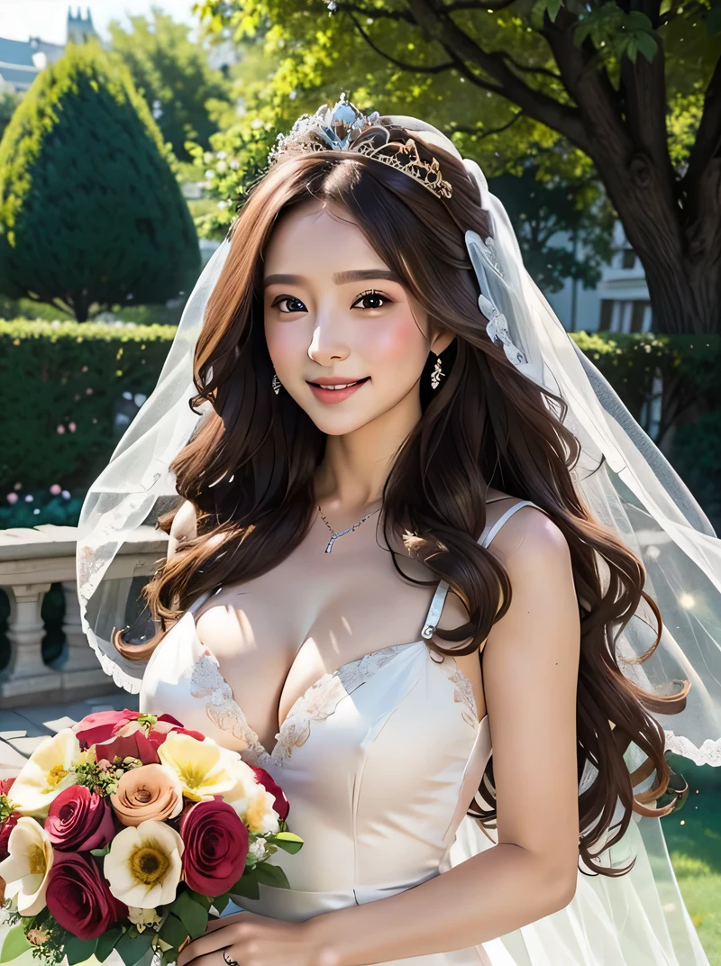 fantasy、long hair、brown hair、Beautiful woman、Garden Wedding、Rose、Wedding dress、veil、tiara、Upper body、Breast augmentation、thin eyebrows、Rounded face、smile、Happy、happiness、bouquet、daytime、