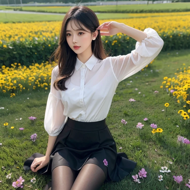 (masterpiece), (best quality), (Very detailed),black pantyhose, skirt, ear,permanent, flower field,