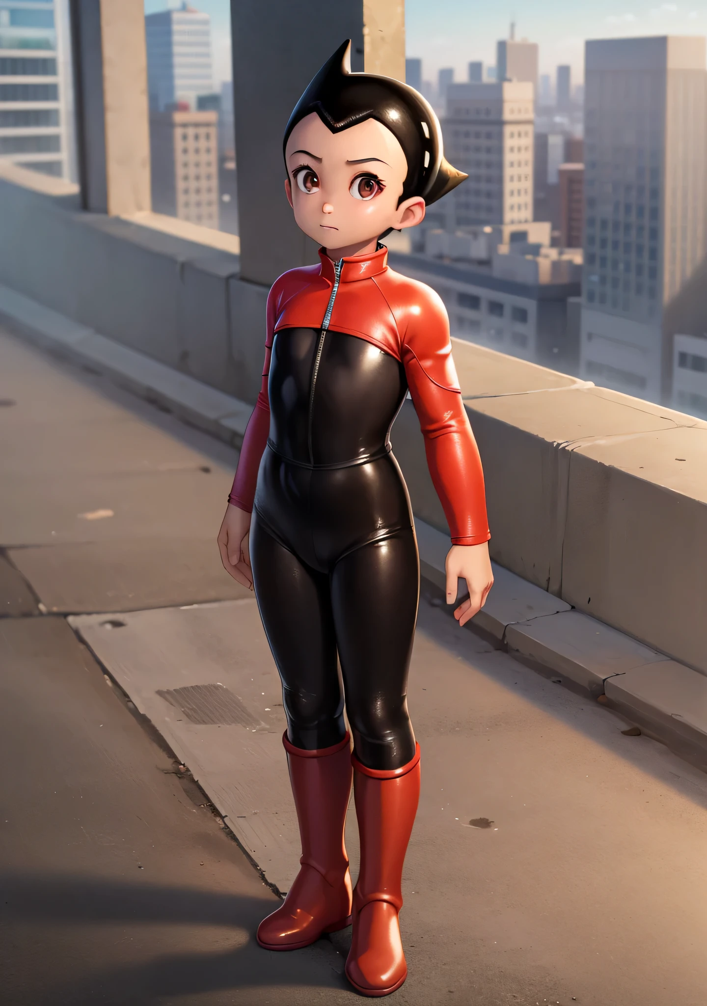 ((best quality)), ((masterpiece)), (detailed), safe, solo, 1boy, perfect face, full body image of Astro Boy, looking out the window at metro city, brown eyes, wearing a shiny black catsuit and red boots