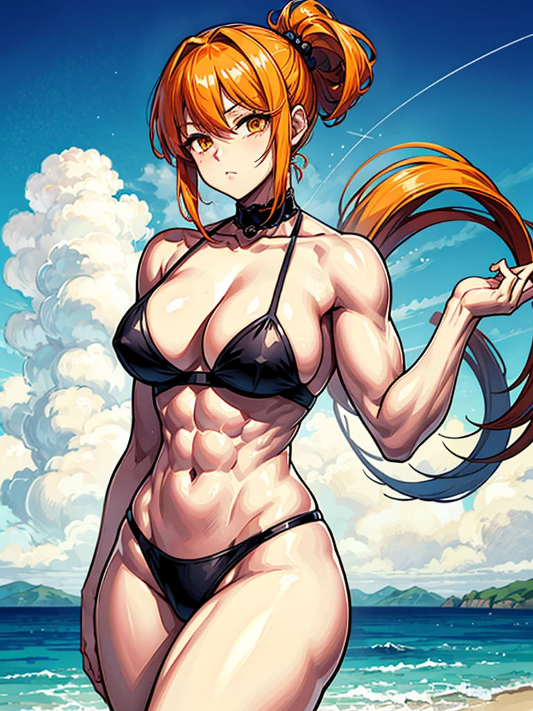 （（（masterpiece、Highest image quality、highest quality、highly detailed unity 8ｋwallpaper）））、（（Illustration of one girl））、（（（beautiful girl）））、（（orange hair、side ponytail、sidelocks：1.3、orange eyes））、（（（stocky build：1.2, thickset physique：1.3, muscular legs, broad shoulders：1.3, solid chest：1.2）））、swimsuit、sandy beach
