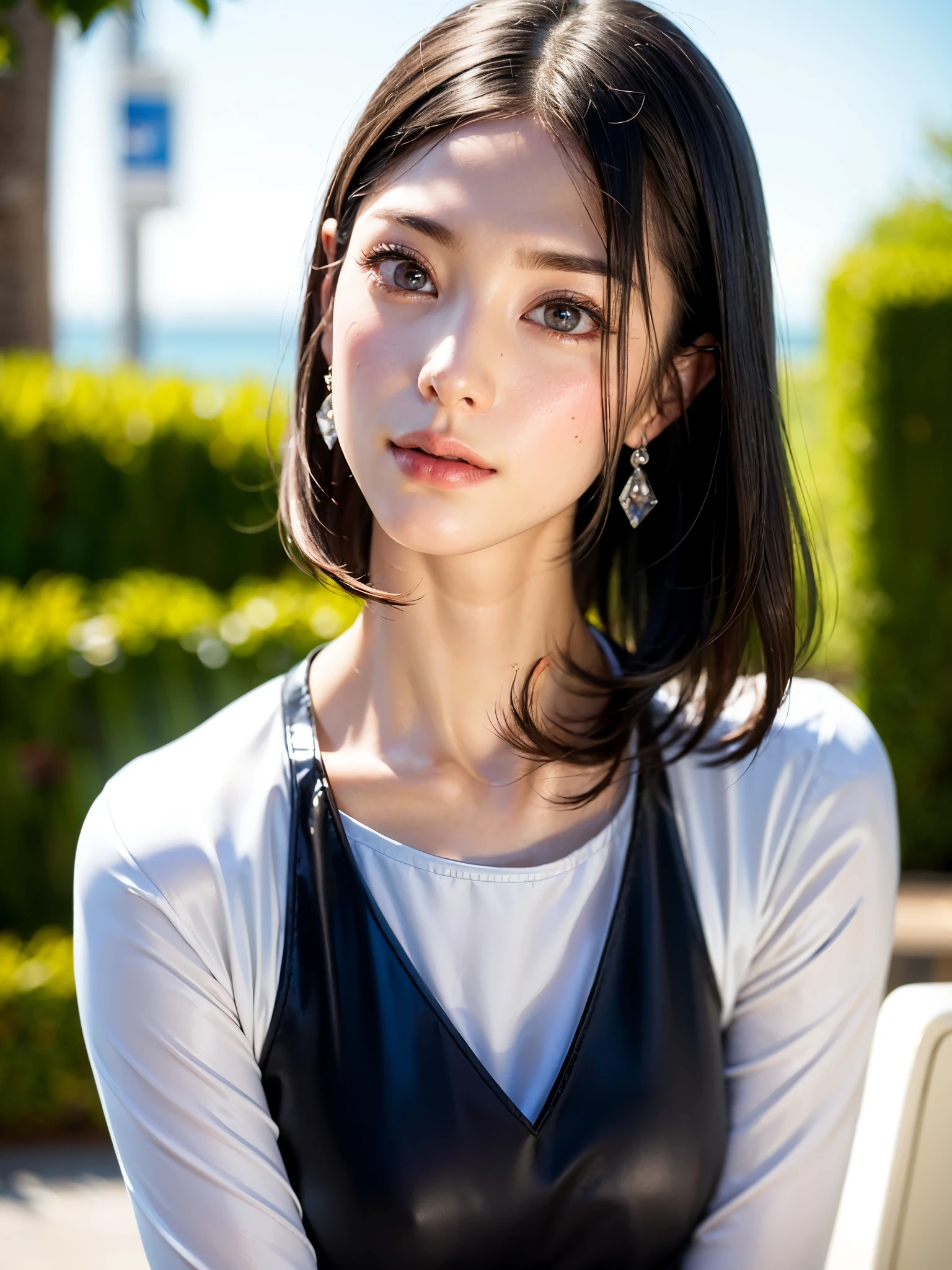 (table top, highest quality、High resolution:1.4、very attractive beauty、Adds intense highlights to the eyes、look closely at the camera:1.4、Beautiful woman full of charm、ideal body proportions、perfect anatomy、brunette short bob hair、shiny hair、bangs:2、光沢のあるbangs:2、lip gloss),1 girl, Report, light brown shiny hair, scarf,realistic, looking at the viewer、Please tilt your head slightly, bright colored crystal light blue eyes, short and shiny hair、 chest中央に穴の開いた白いタートルネックの衣装,chestの真ん中に丸い穴のあるセクシーな白いタートルネック ニット セーター、 lips, lip gloss, Upper body、Big eyes、eyelash、face is a little red、embarrassing)、((italian road in winter))、((short hair with Big eyess、Give students very powerful highlights、{Huge|big|Hugeな|mega} chest:1.6、very bigger chest、look at the audience、very beautiful beauty、show me your ears、long neck、smile、smile、Happy、beautiful teeth、口を開いてsmile、heart shaped eyes))、28 years old、very cute super model、bangs:1.8