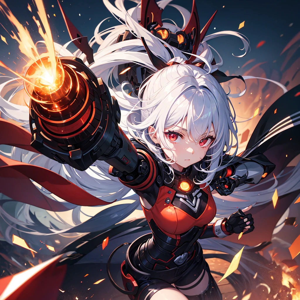 highest quality、best hand、best fingers、Robot Girl、silver hair、red eyes、cannon、battle、Lightning Effects