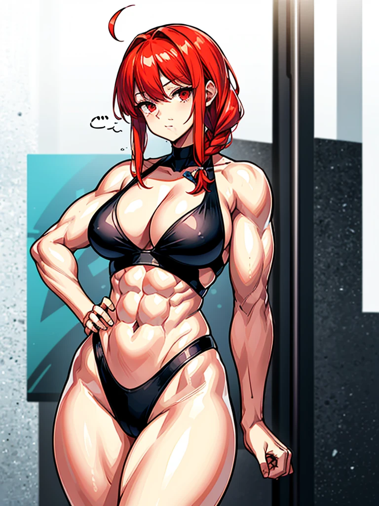 （（（masterpiece、Highest image quality、highest quality、highly detailed unity 8ｋwallpaper）））、（（Illustration of one girl））、（（（beautiful girl）））、（（red hair、Braid、sidelocks：1.2、red eyes））、（（（stocky build：1.2, thickset physique：1.3, muscular legs, broad shoulders：1.3, solid chest：1.2）））、swimsuit、sandy beach