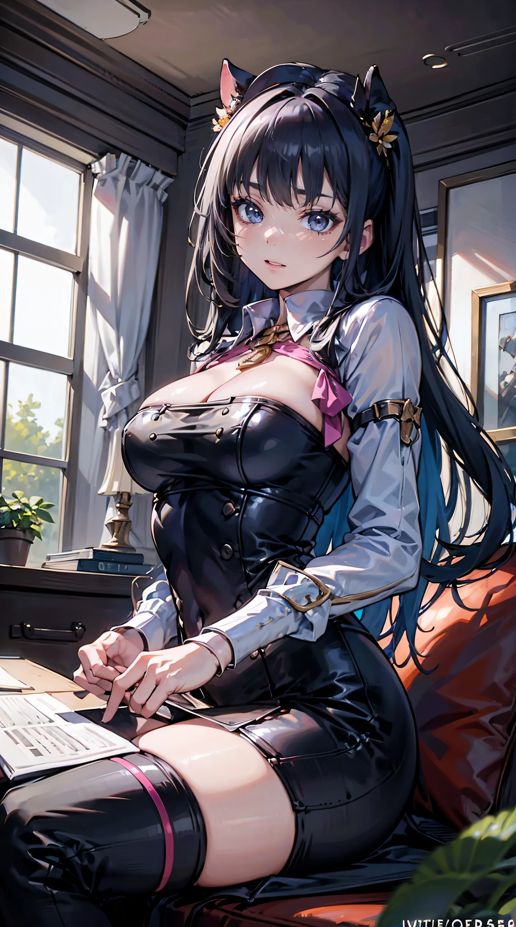 a young anime girl, black hair, brown eyes, living room, sitting at computer desk, couch, posters, trinkets, neo-tokoyo, (8k,UHD), Extreme detailed, HD, intricate detailed, (8k Resolution), inspired by Sasucchi95, unreal engine 5, vaporware, shaded flat illustration, digital art, trending on artstation, highly detailed, fine detail, intricate