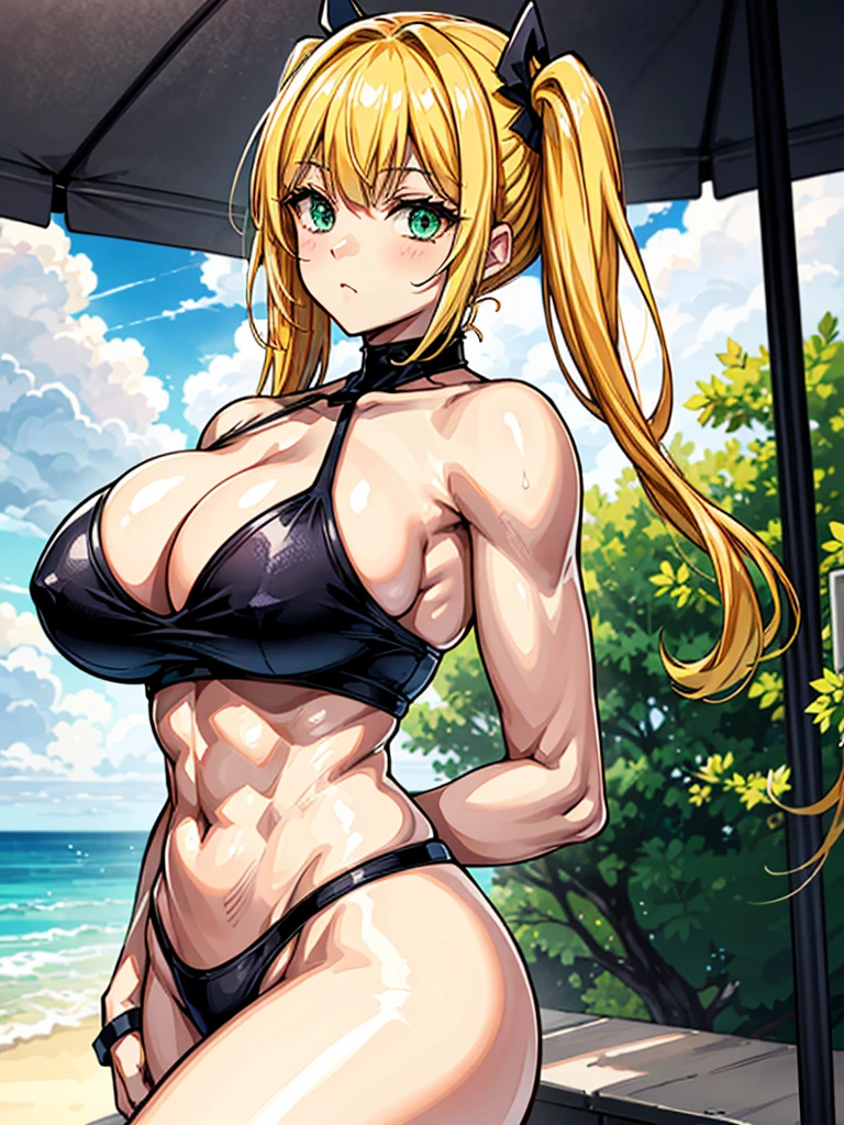 (((masterpiece、Highest image quality、highest quality、highly detailed unity 8kwallpaper)))、((Illustration of one girl))、(((beautiful girl、cool)))、((blonde、pixie cut:1.2、two side up、sidelocks、green eyes))、(((tall:1.3、stocky build:1.2, thickset physique:1.3, muscular legs, broad shoulders:1.2, solid chest)))、swimsuit、sandy beach
